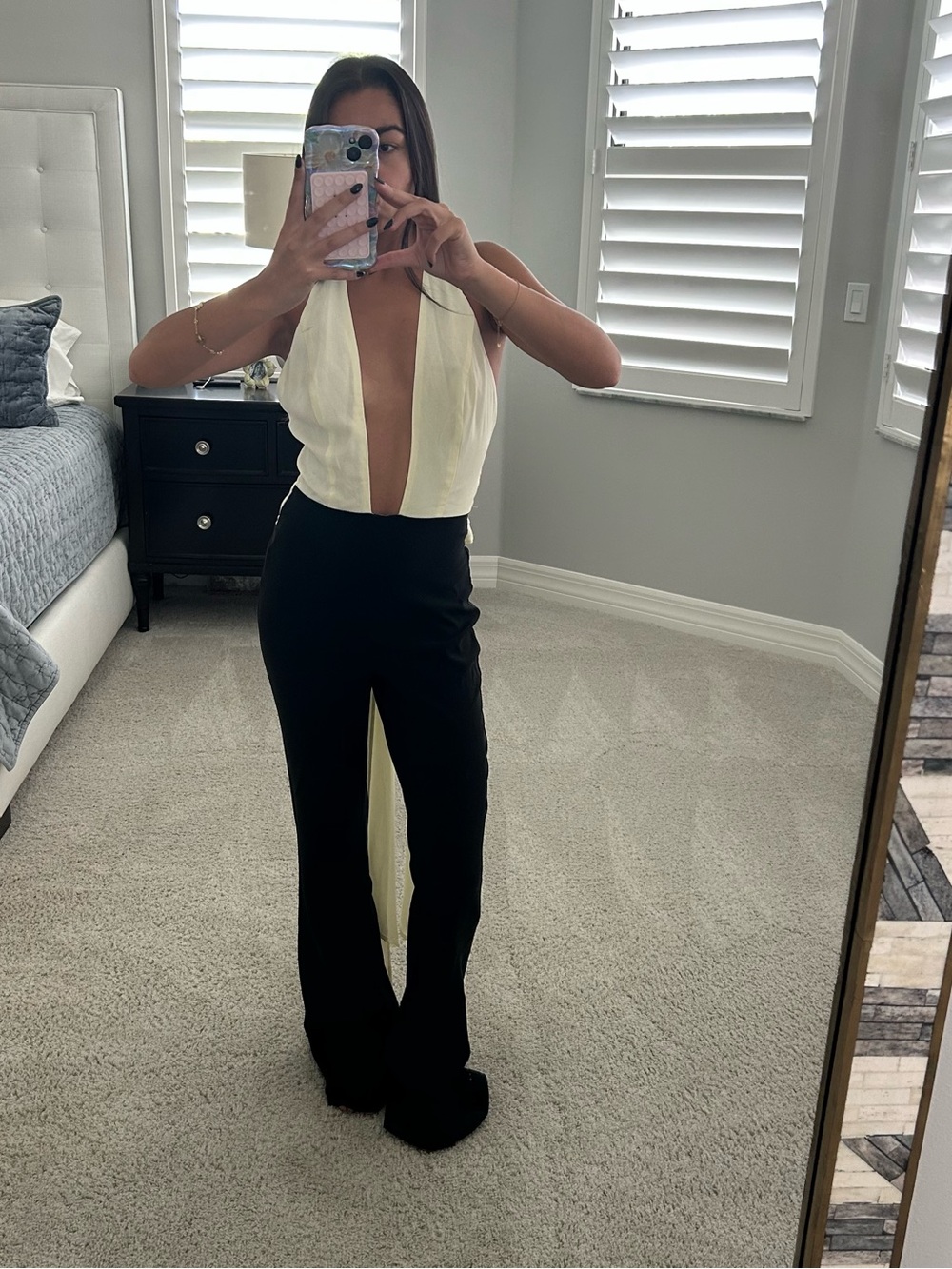 Two-Tone Plunging Halter Jumpsuit in Cream and Black